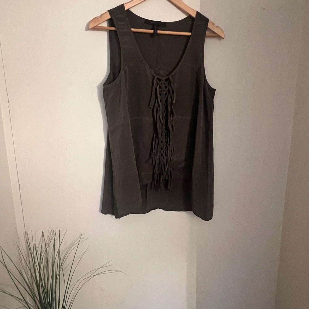 BCBGMaxAzria Olive Green Sleeveless Fringe Tank Top